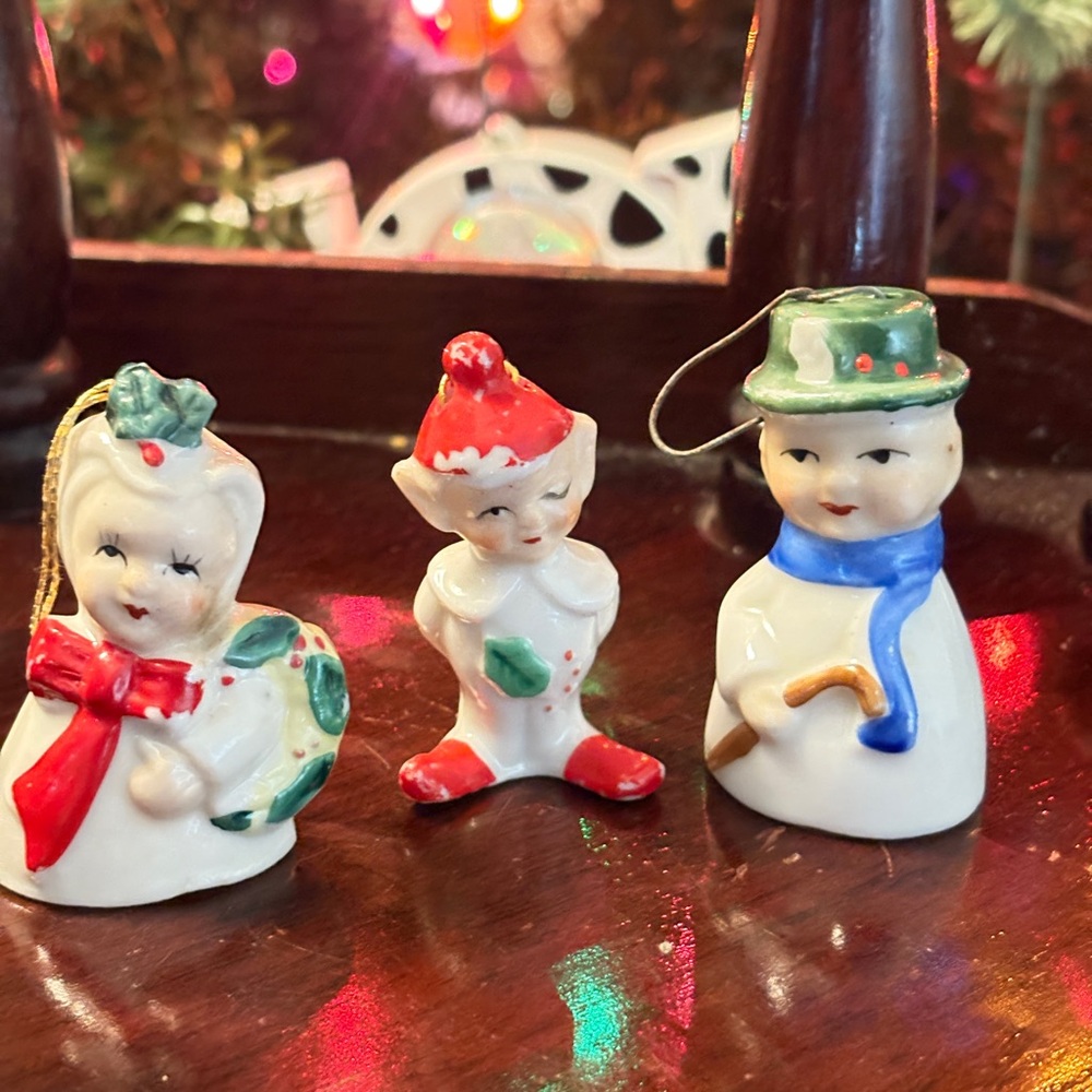VTG Dansan 1950s Yuletide Novelty Ceramic Christmas Figural Bell Ornaments